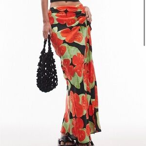 4P Topshop Petite Printed Side Split Maxi Skirt Red